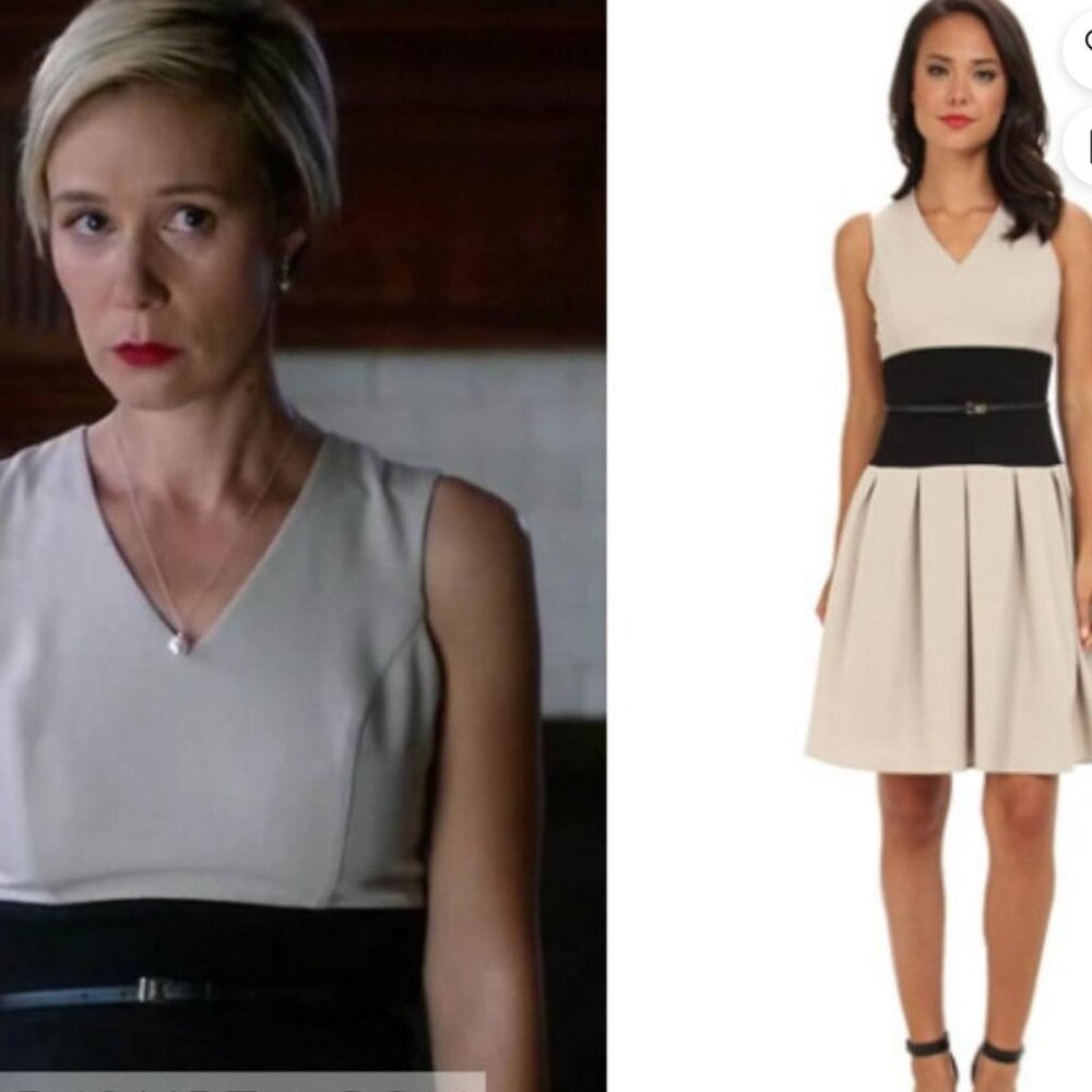 Calvin Klein Cream and Black V-Neck Dress